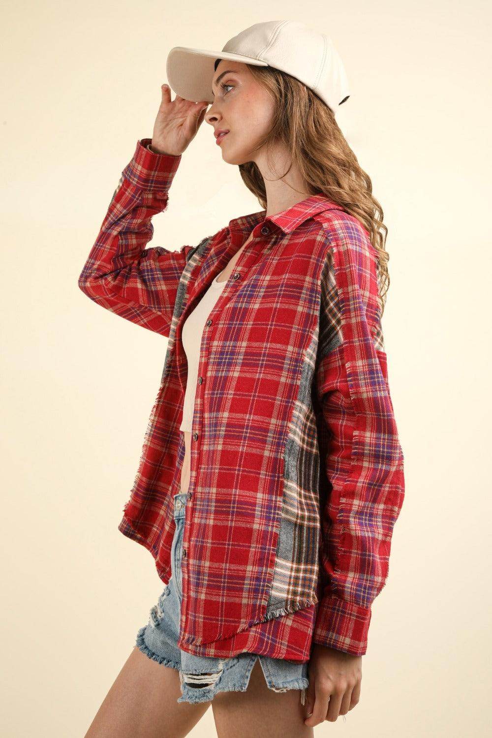 Very J Contrast Plaid Raw Detail Shirt for Casual Chic
