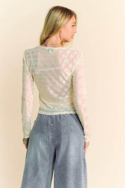Davi & Dani Bow Mesh Round Neck Long Sleeve Top for Women
