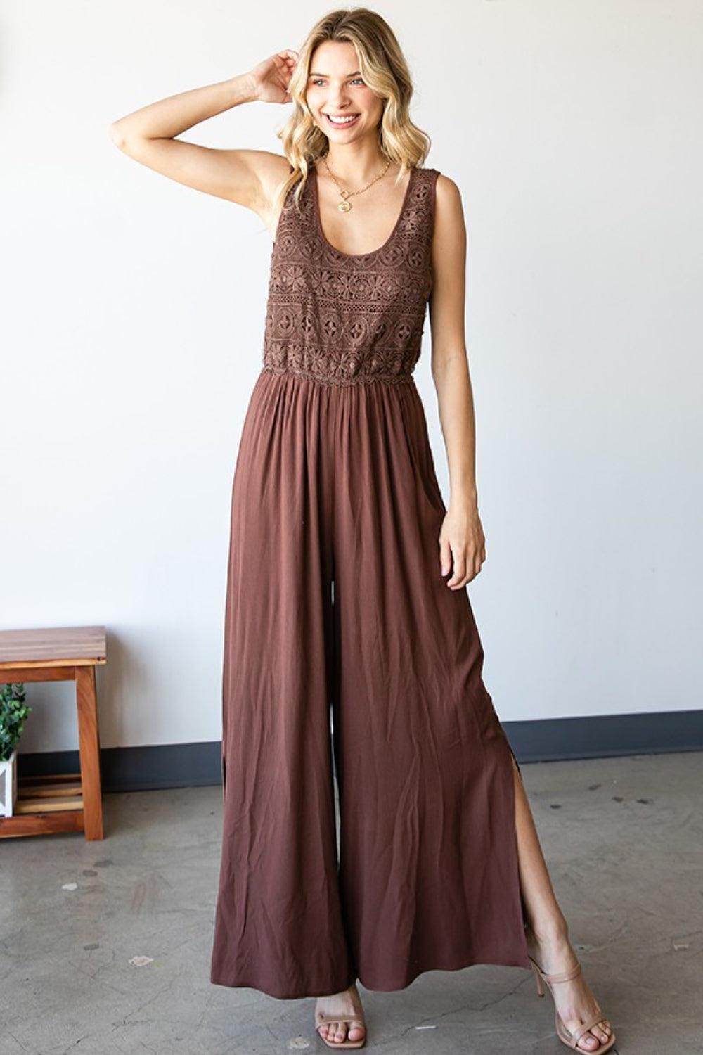First Love Tie Back Sleeveless Slit Wide Leg Jumpsuit for Women