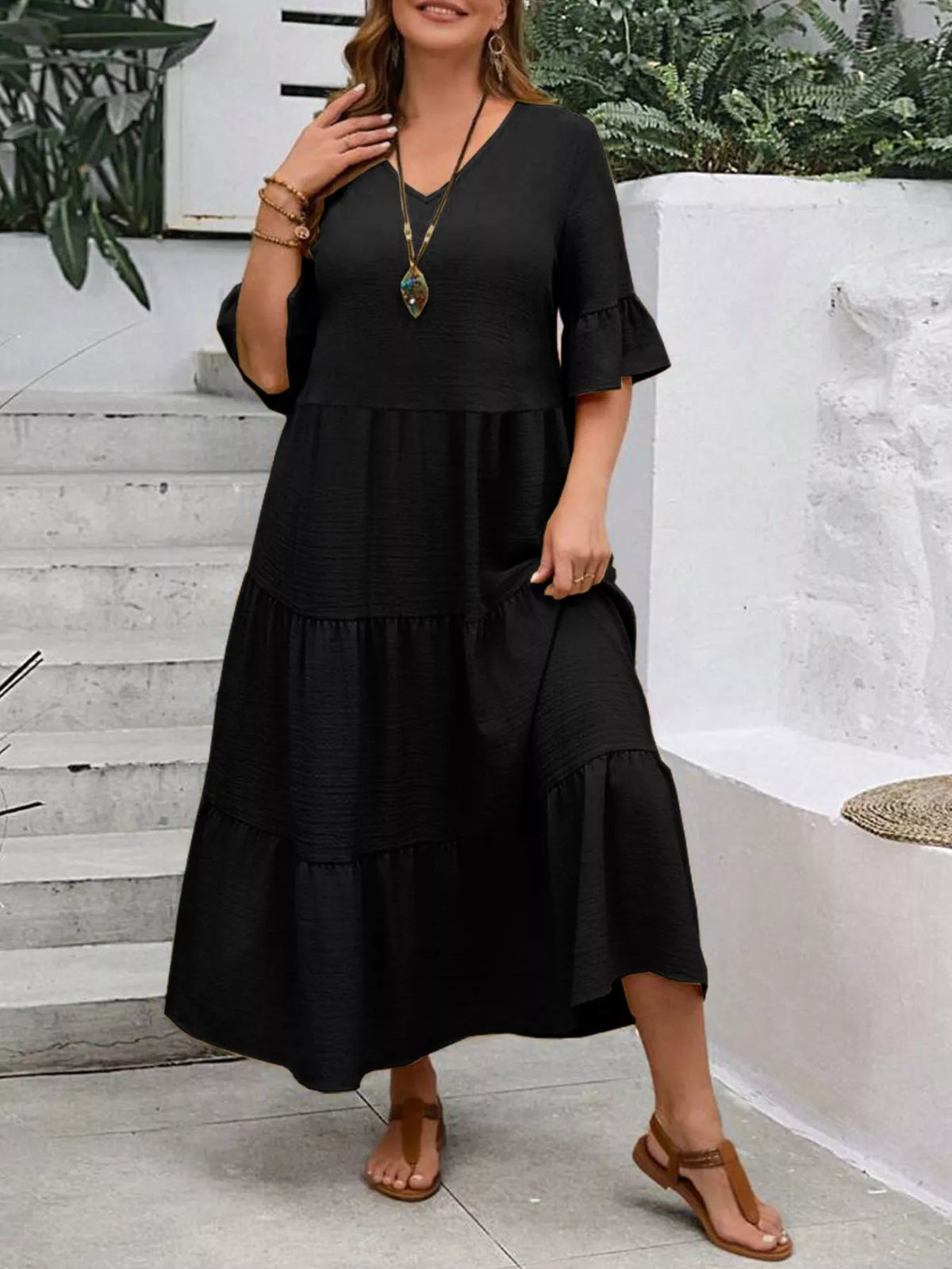 Ruffle Sleeves Tiered Midi Dress