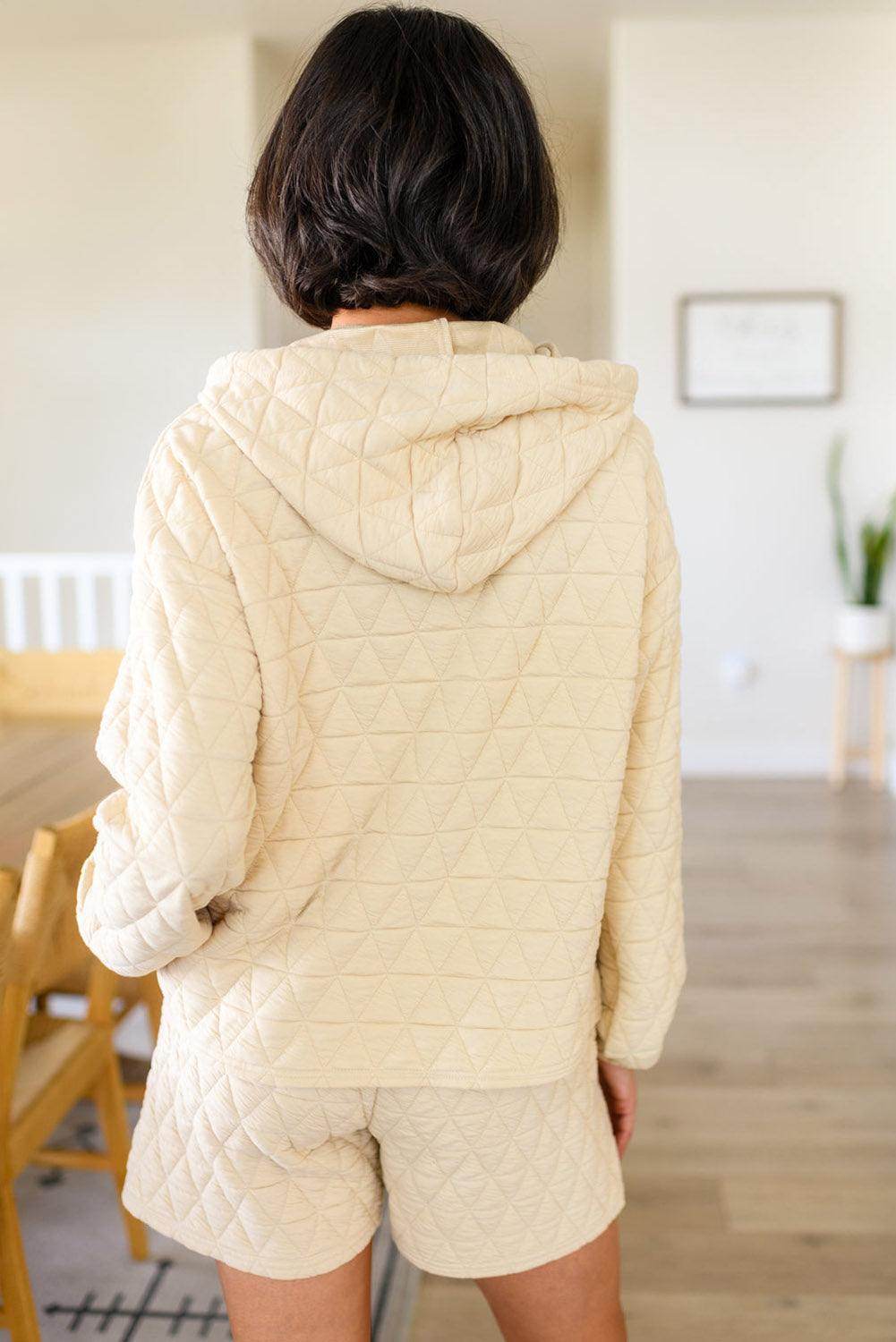 Drawstring Quilted Hooded Top and Shorts Set for Women