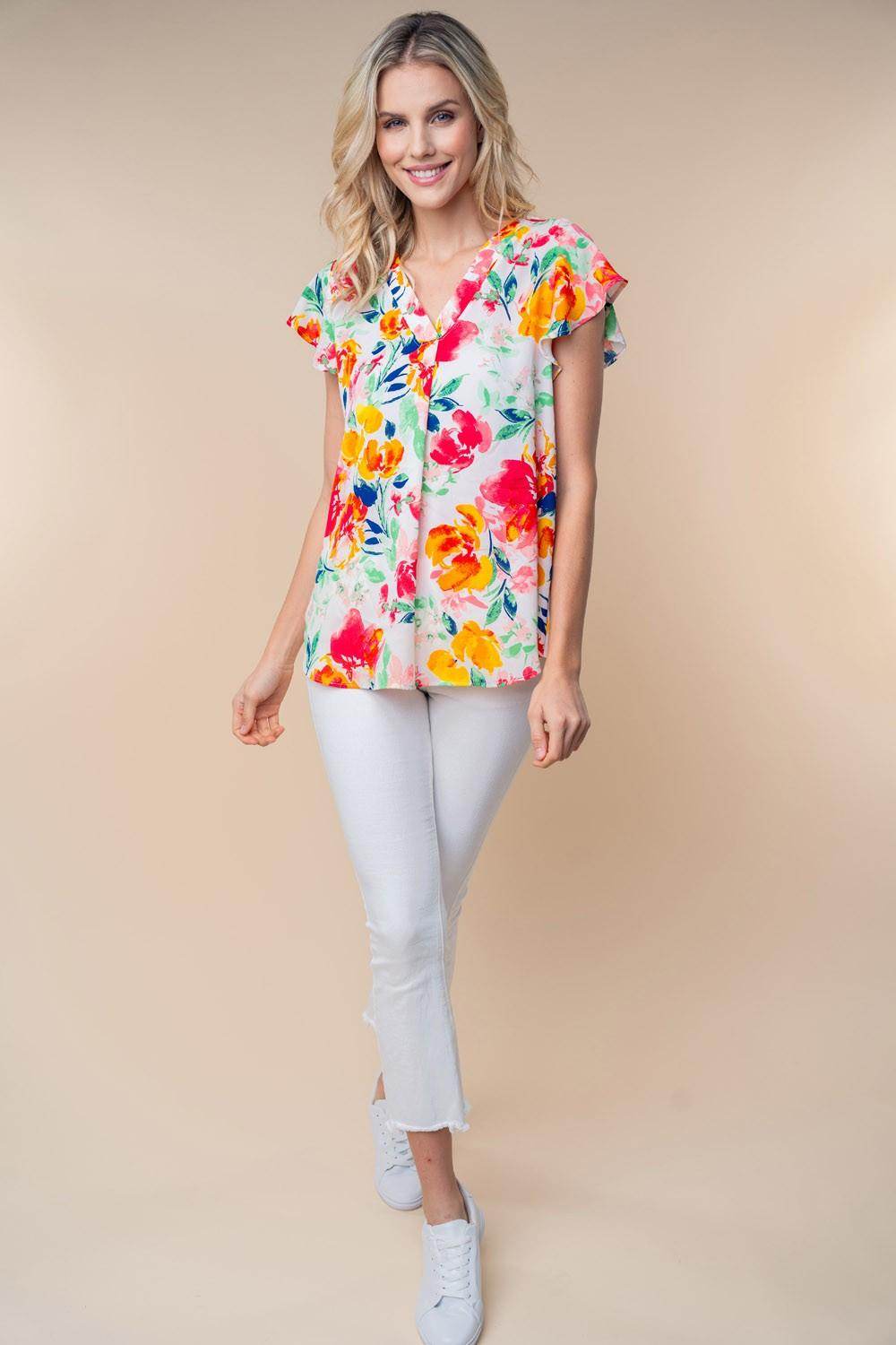 White Birch Full Size Short Sleeve Floral Woven Top for Women
