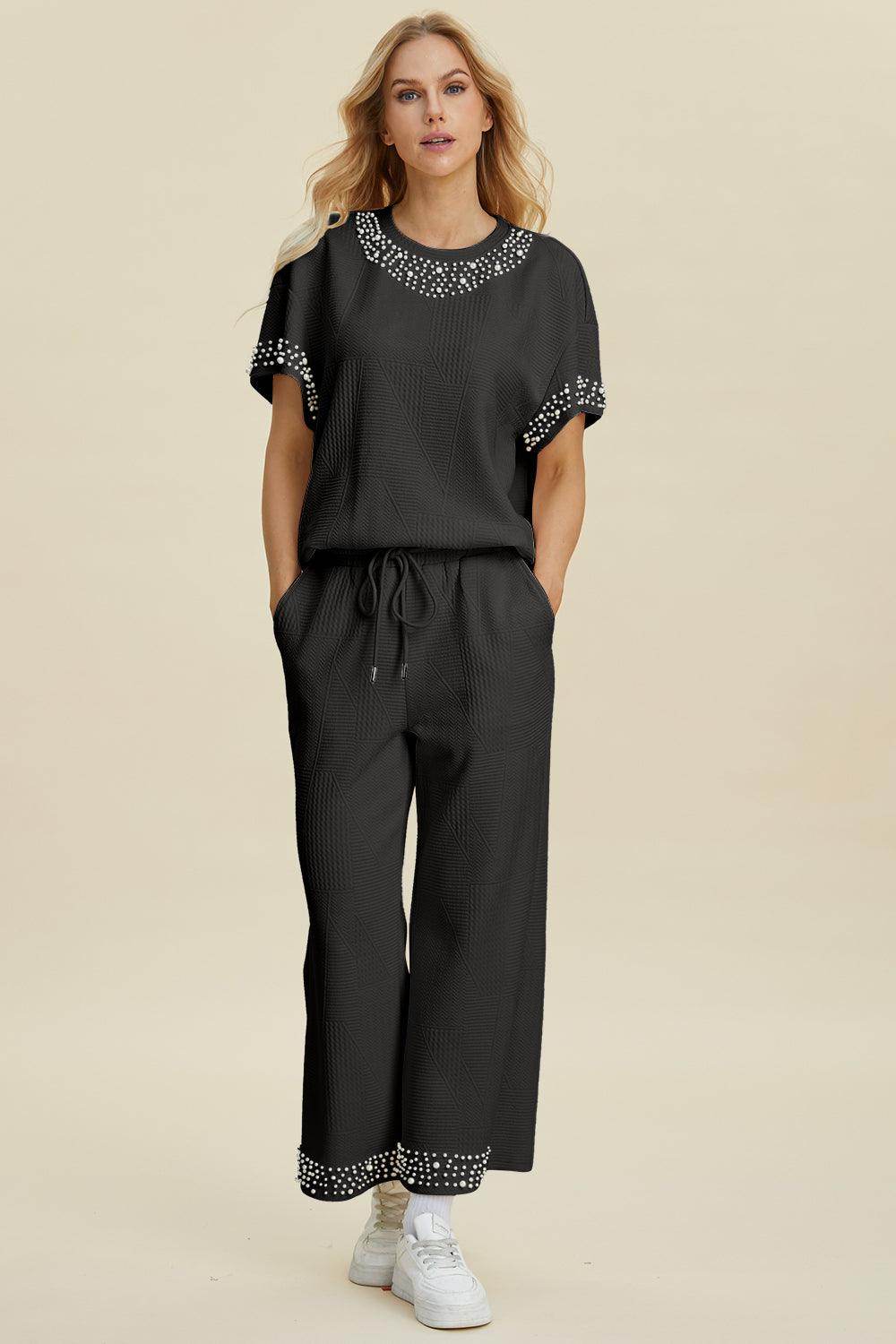 Double Take Full Size Pearl Detail Round Neck Top Pants Set