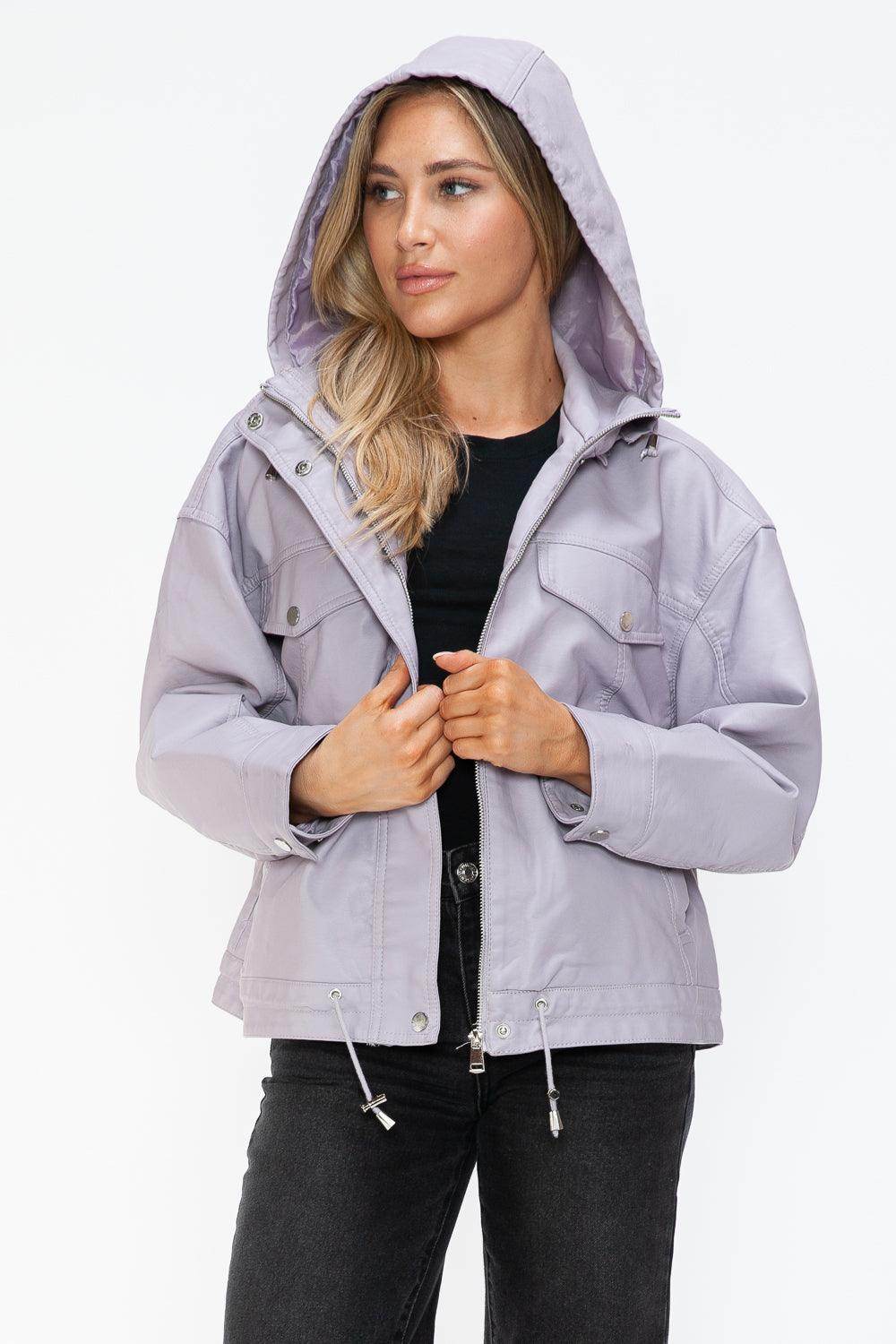 How Dare U Drawstring Hem PU Leather Zip Up Jacket Women