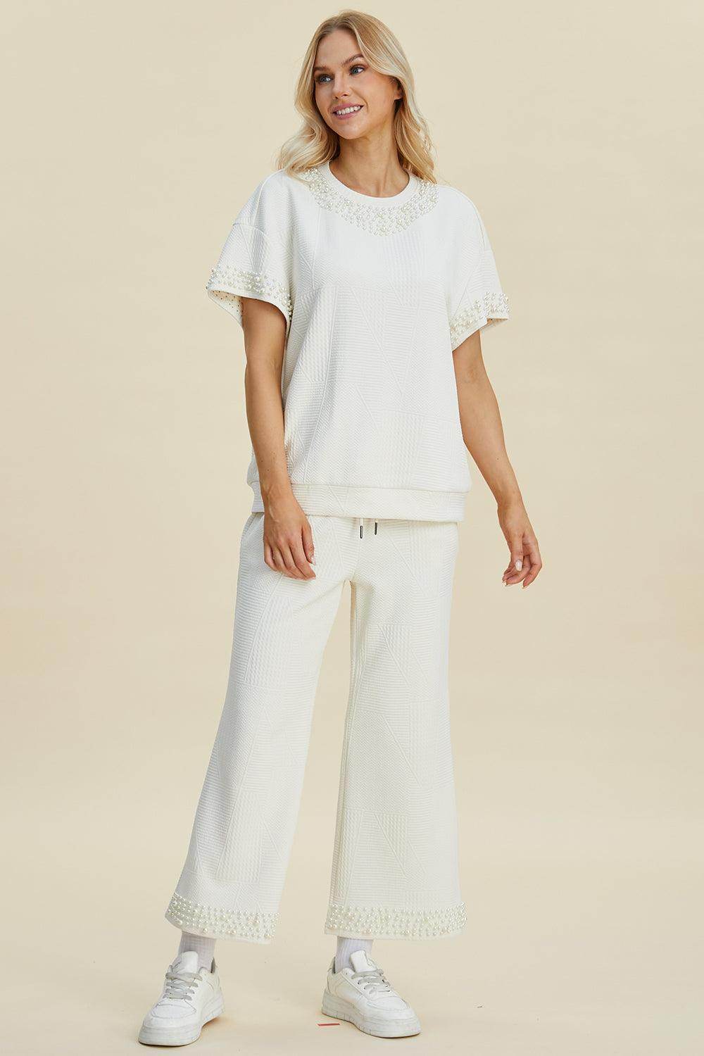 Double Take Full Size Pearl Detail Round Neck Top Pants Set
