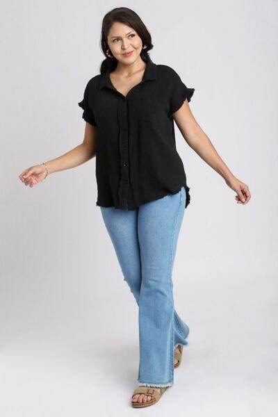 Umgee Full Size Frayed Hem Collared Neck Shirt Plus Size