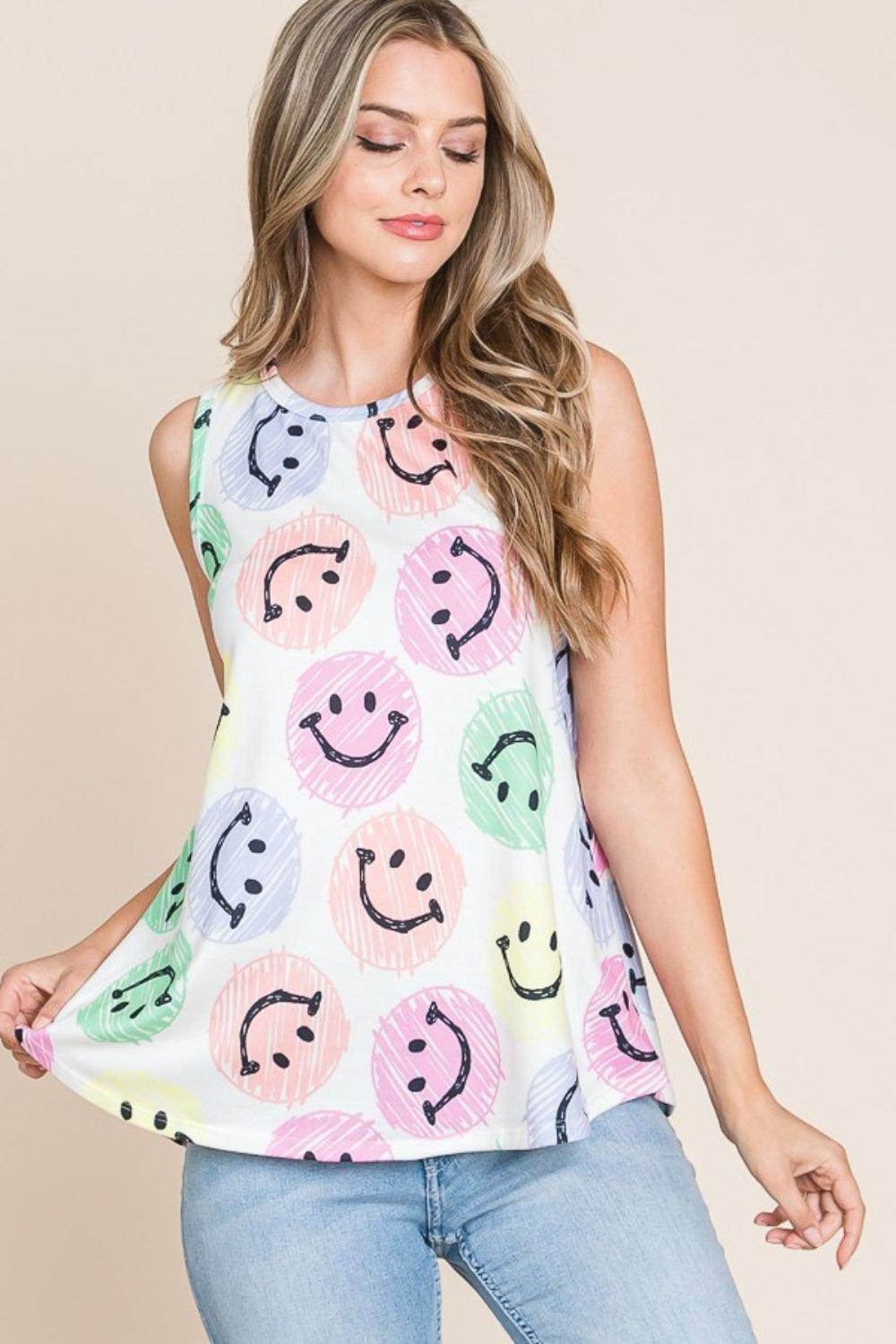 BOMBOM Smiley Face Round Neck Tank for Casual Style
