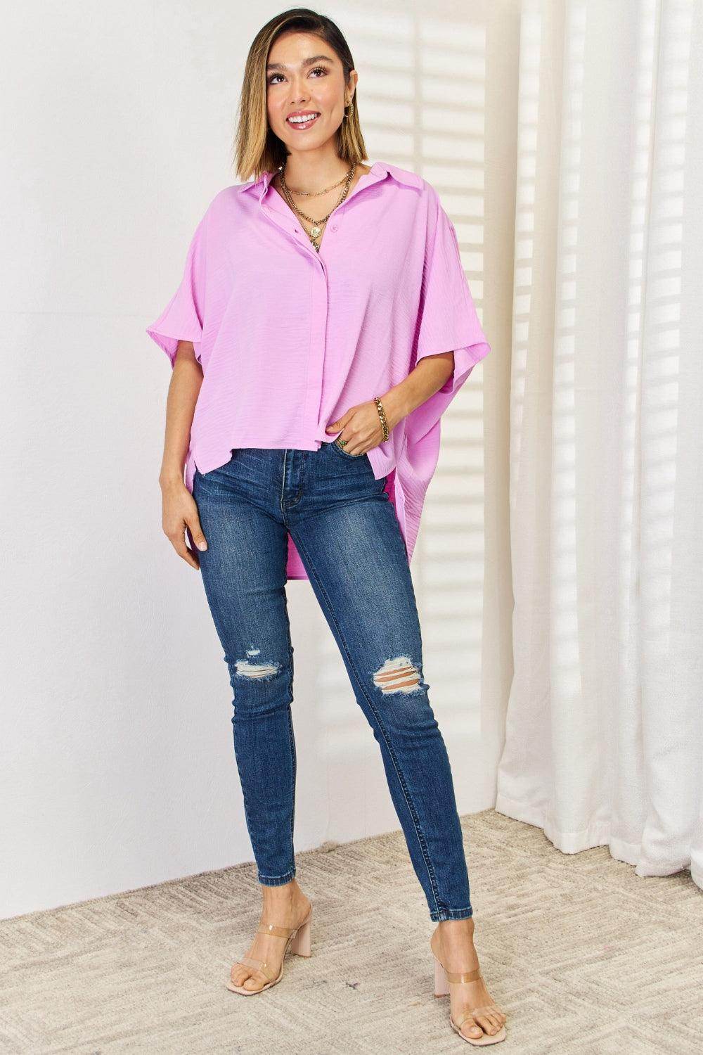 Zenana Texture Button Up Short Sleeve High-Low Shirt Online