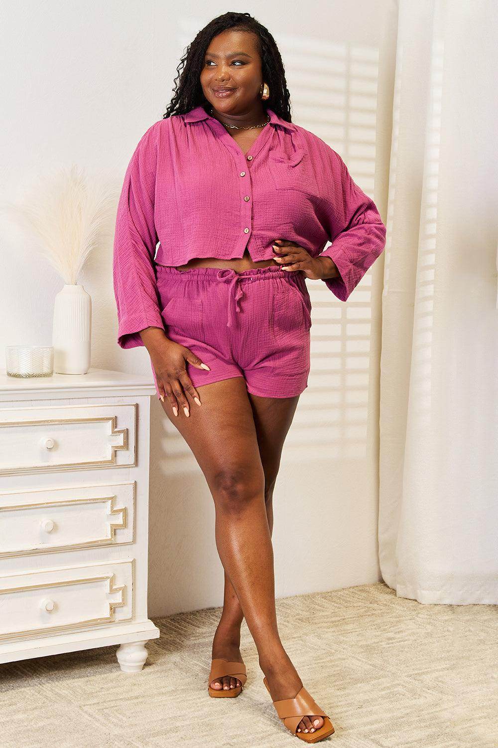 Basic Bae Buttoned Long Sleeve Top and Shorts Set for Summer