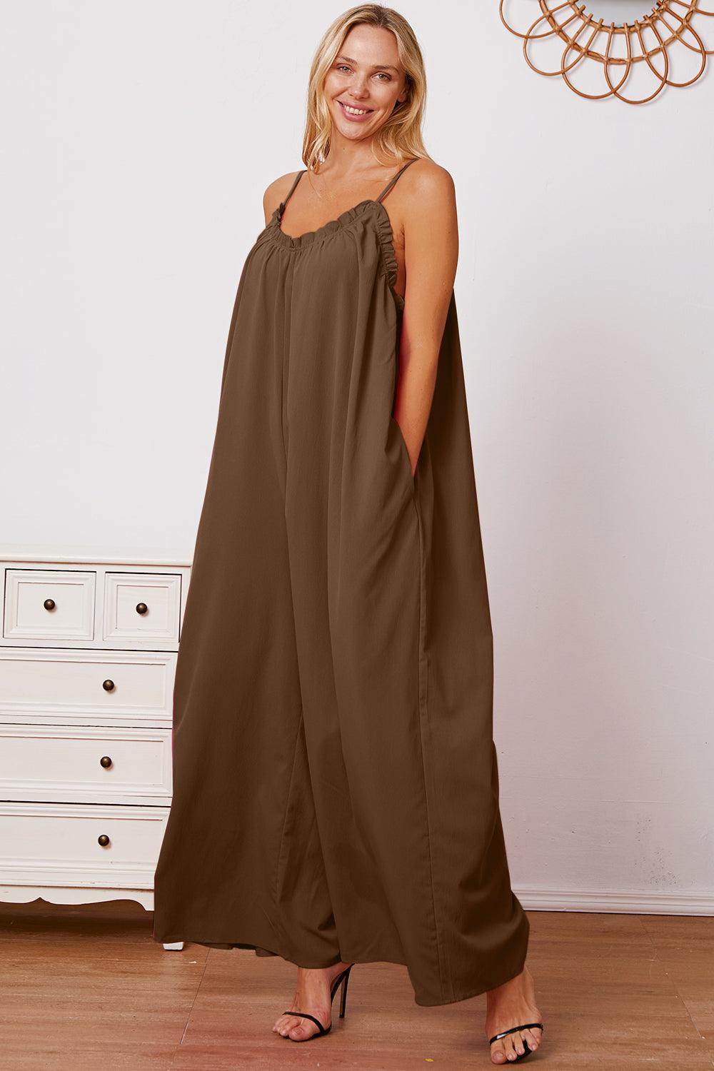 Double Take Full Size Ruffle Trim Tie Back Cami Jumpsuit