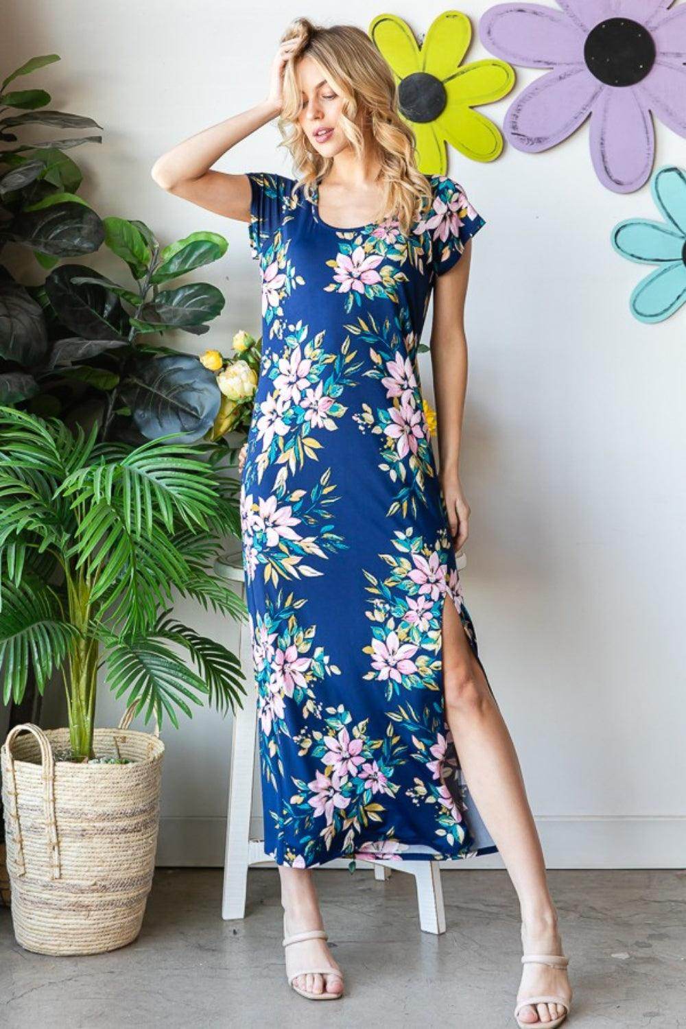 Heimish Full Size Floral Short Sleeve Slit Dress for Women
