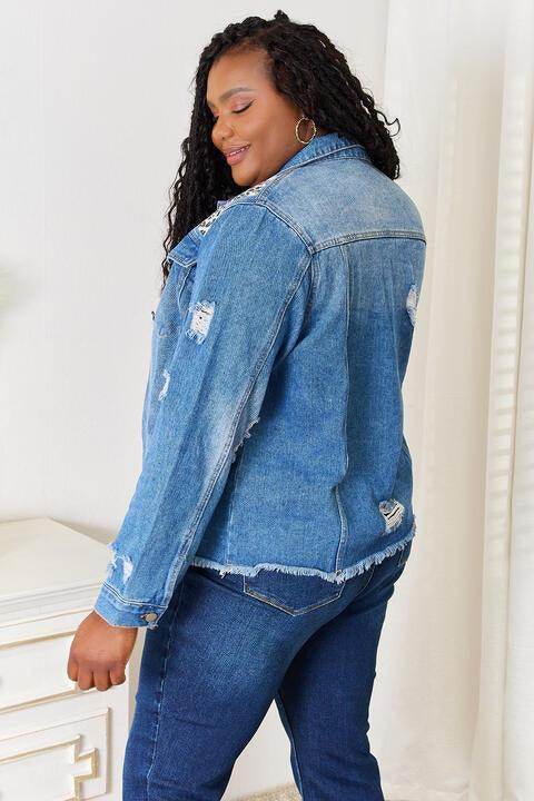 Baeful Leopard Floral Distressed Raw Hem Denim Jacket Women