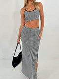 Perfee Striped Halter Neck Top and Slit Skirt Set for Women