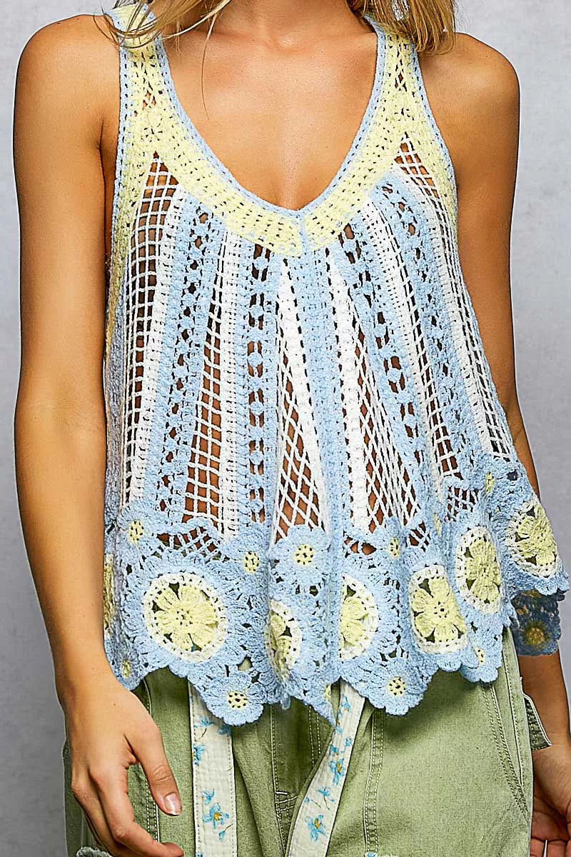 POL Openwork Stripe Pattern Flowy Tank with Scalloped Edge