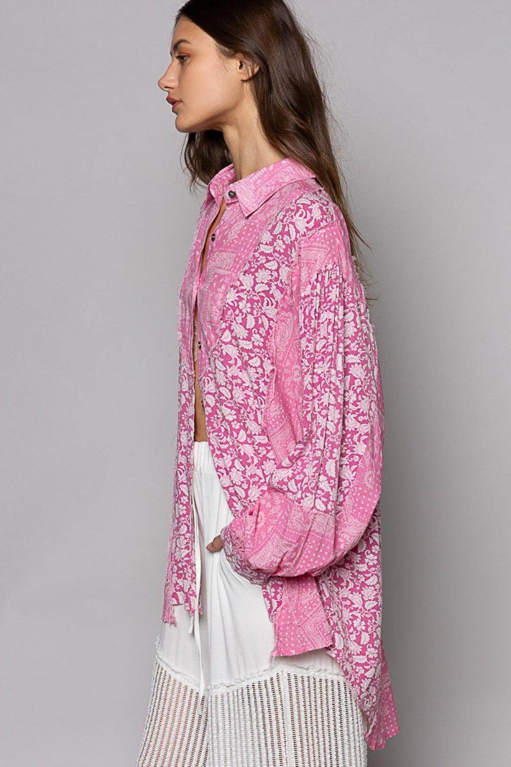 POL Button Down Long Sleeve Paisley Print Shirt for Women