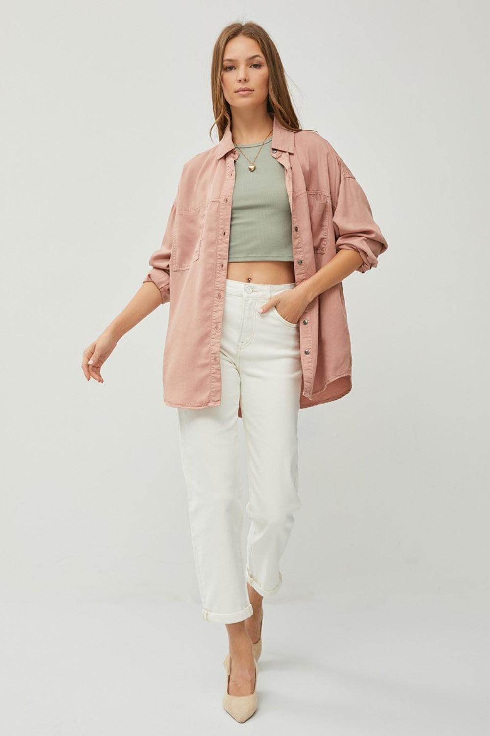 RISEN Full Size Button Up Long Sleeve Denim Shirt for Women