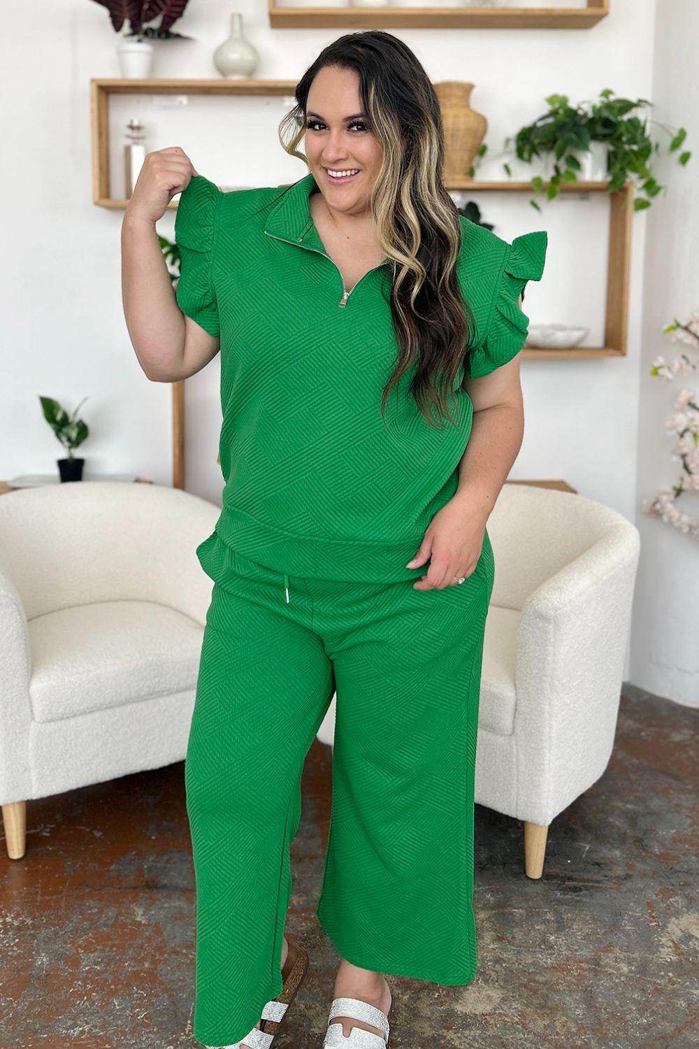 Double Take Texture Ruffle Short Sleeve Top and Pants Set