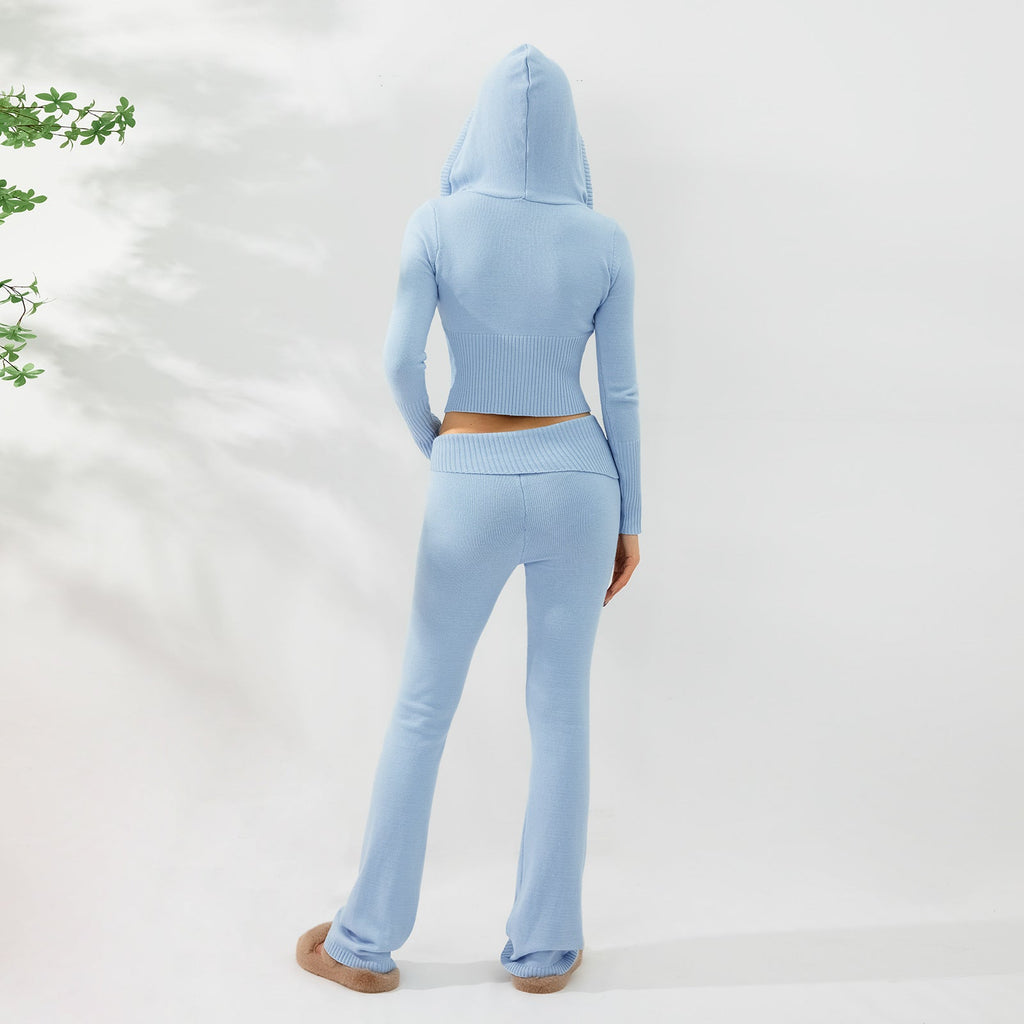 Women’s Knitted Hooded Two-Piece Set – Cardigan & High-Waisted Pants Suit