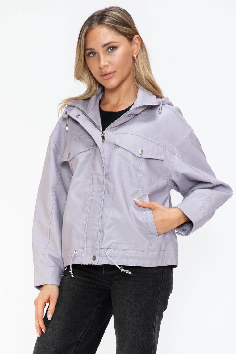 How Dare U Drawstring Hem PU Leather Zip Up Jacket Women