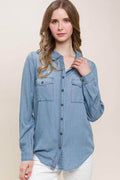 Love Tree Scooped Hem Button Up Denim Shirt for Women