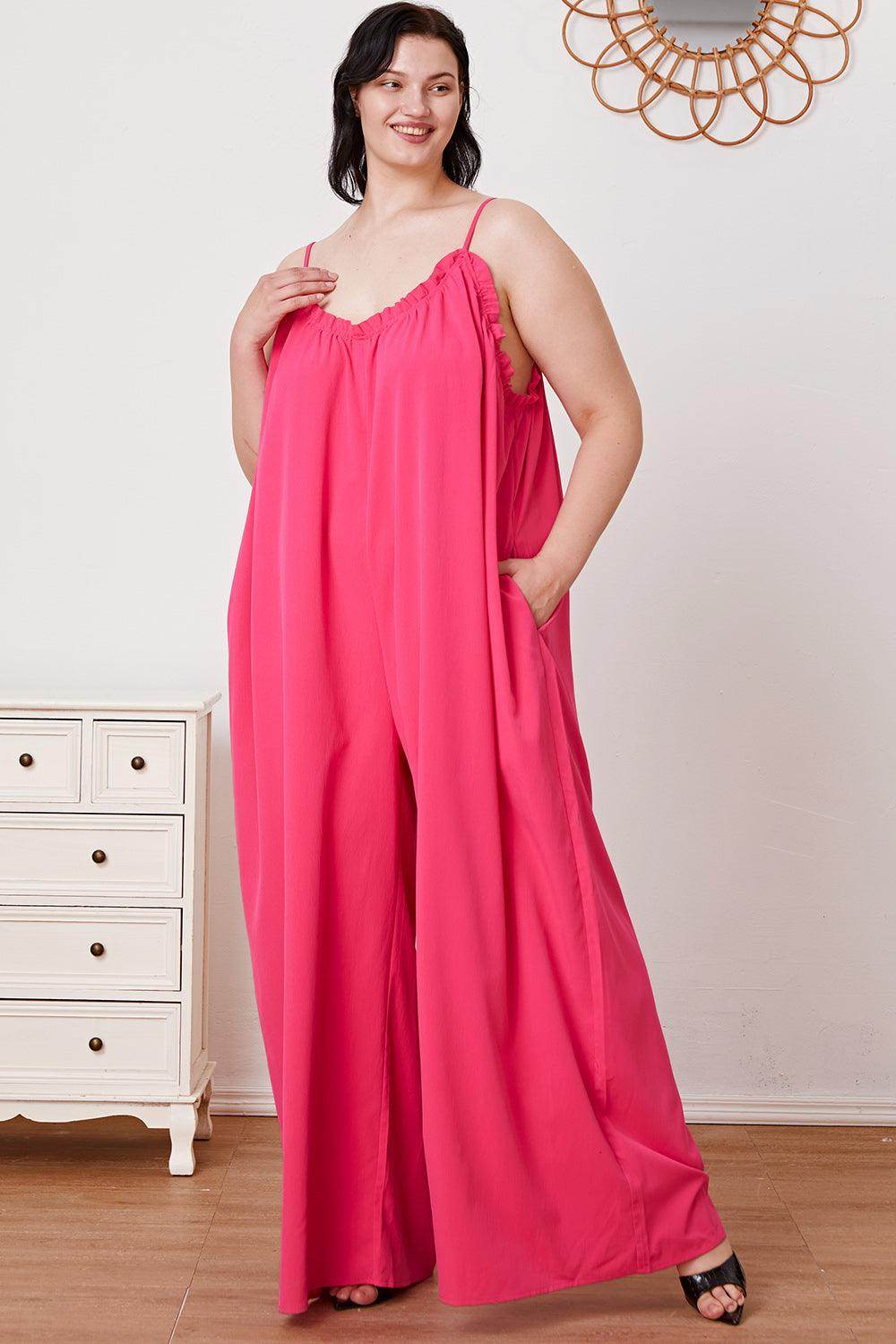 Double Take Full Size Ruffle Trim Tie Back Cami Jumpsuit