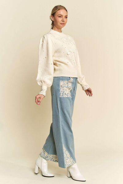 Davi & Dani Lace Applique Wide Leg Jeans for Women