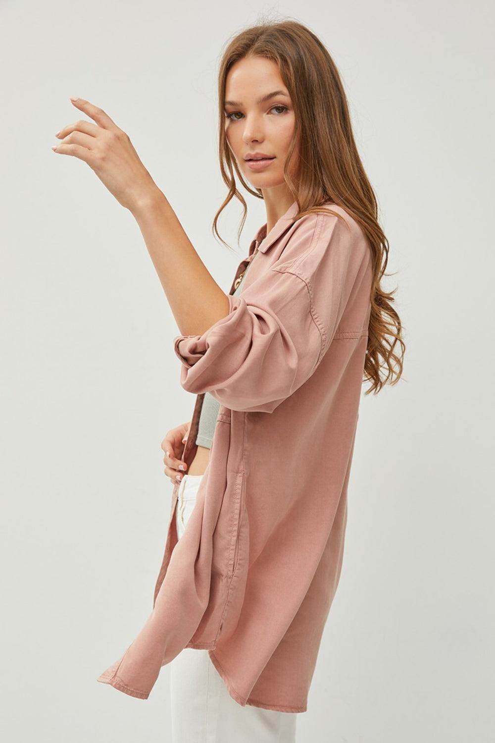 RISEN Full Size Button Up Long Sleeve Denim Shirt for Women