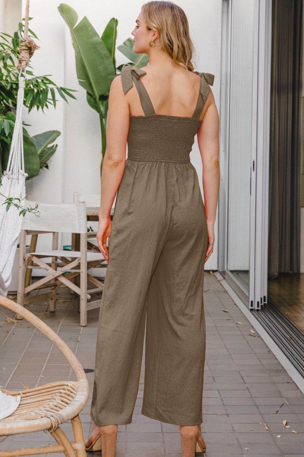 ODDI Full Size Bodice Smocked Sleeveless Jumpsuit for Women