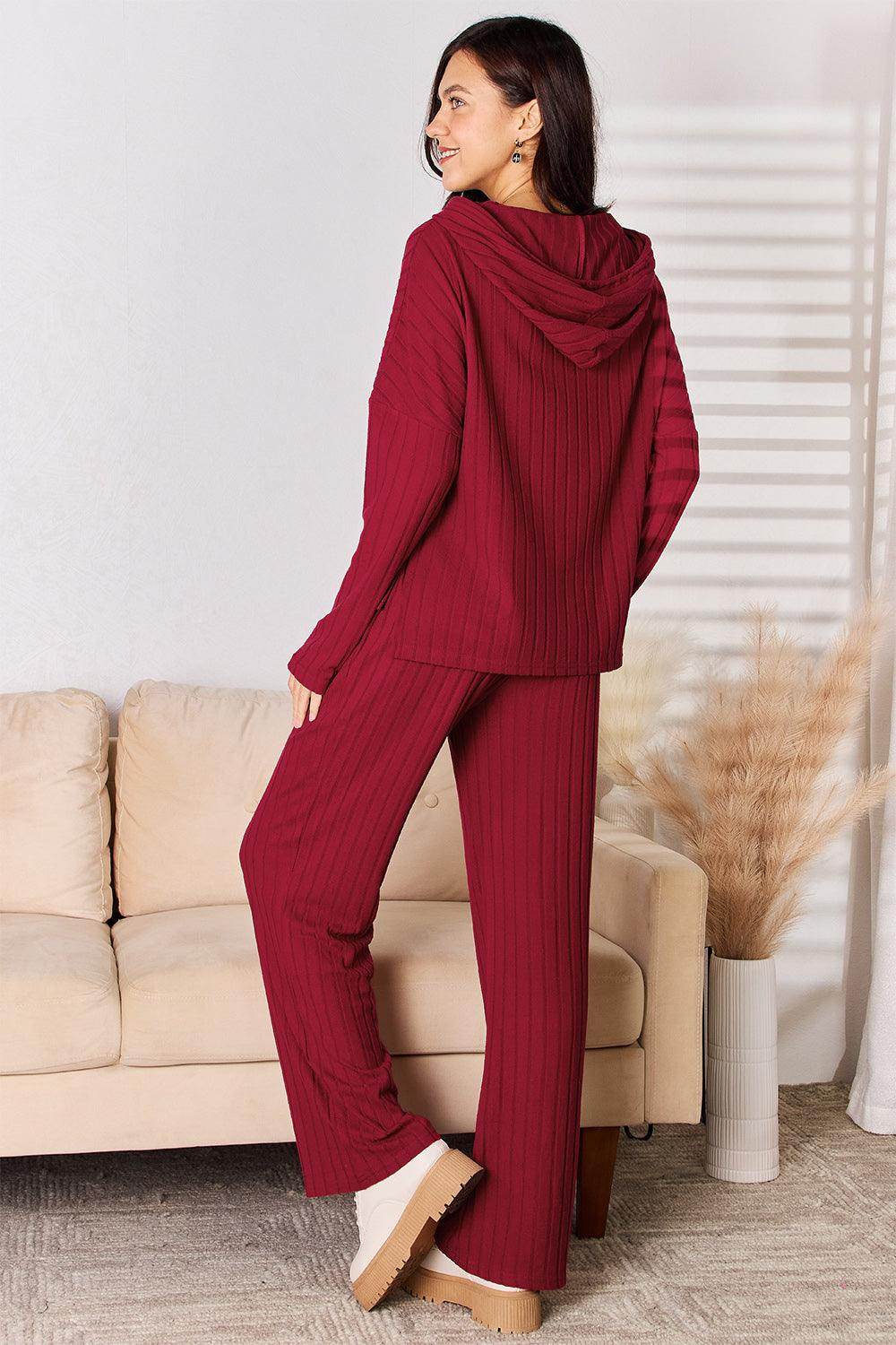 Basic Bae Full Size Ribbed Drawstring Hooded Top Set