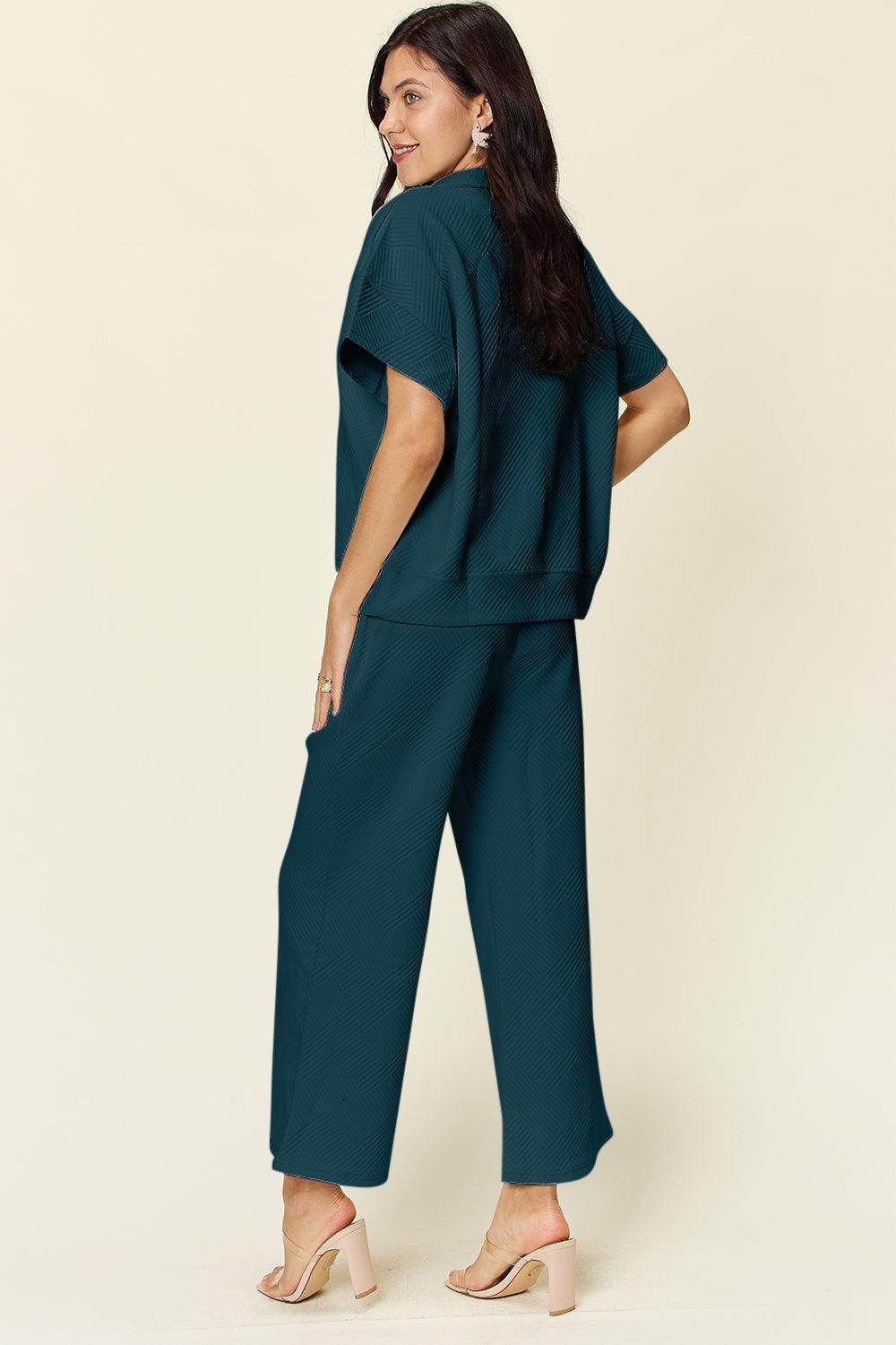 Double Take Full Size Texture Half Zip Short Sleeve Top Set