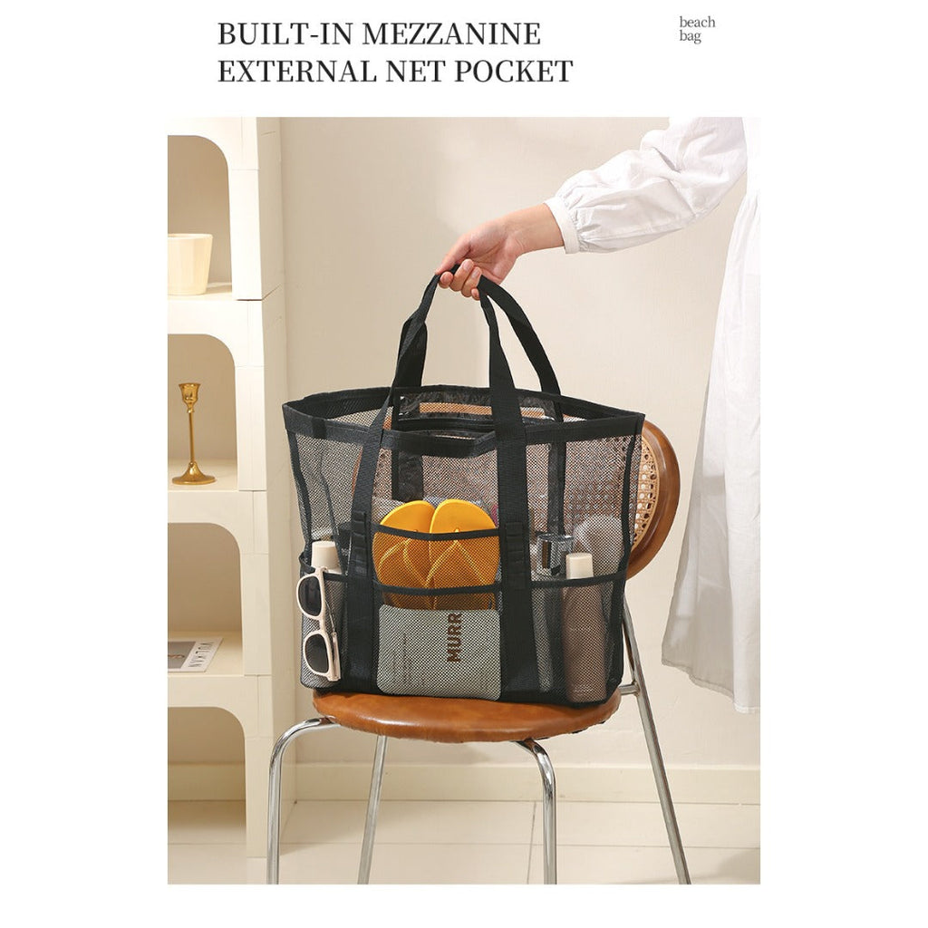 Mesh Shower Tote Bag, Portable Beach Bag, Summer Travel Large Capacity Portable Mesh Tote Bag, Foldable Wash and Makeup bag large