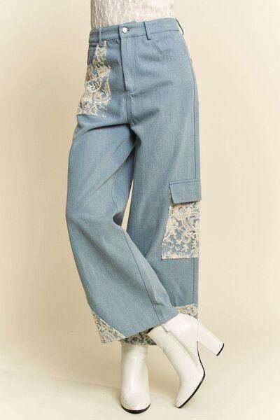 Davi & Dani Lace Applique Wide Leg Jeans for Women