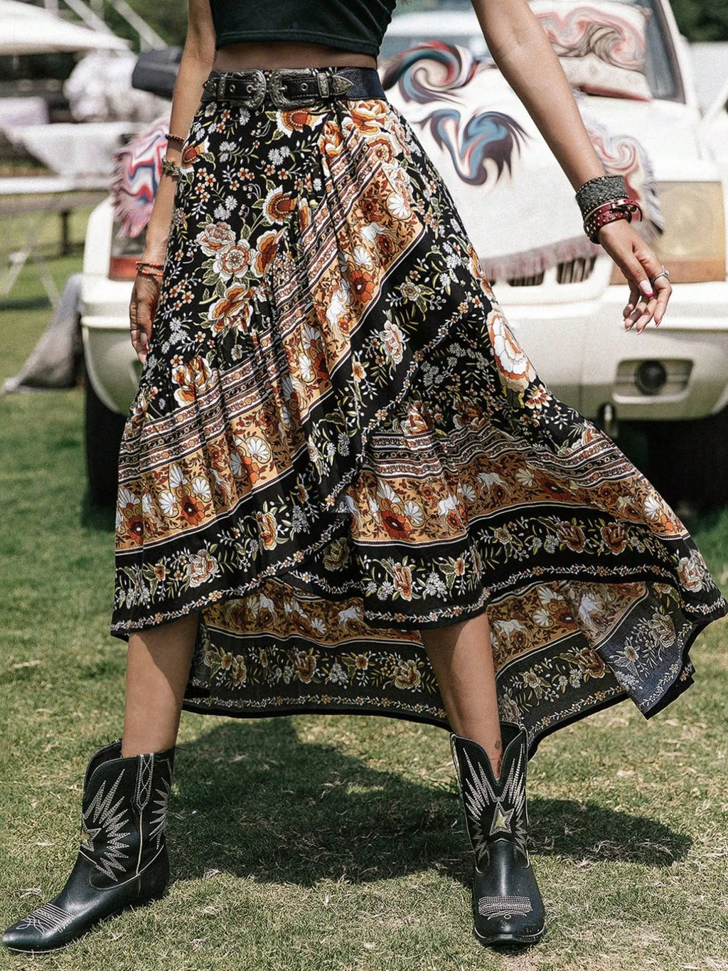 Boho Floral Print High-Low Skirt