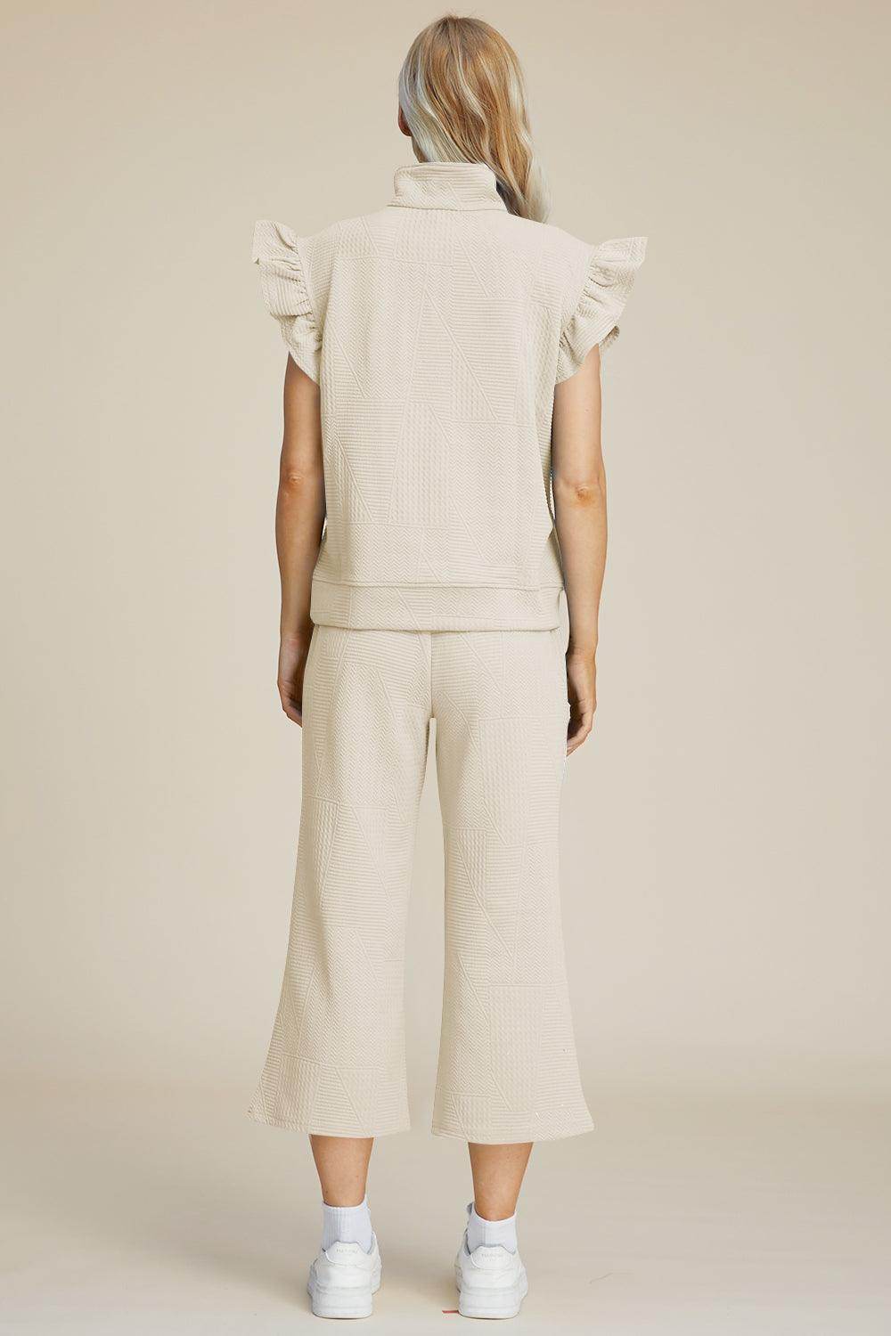 Double Take Full Size Texture Ruffle Top and Pants Set