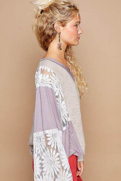 POL Lace Detail V-Neck Flare Sleeve Blouse for Women