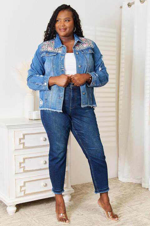 Baeful Leopard Floral Distressed Raw Hem Denim Jacket Women