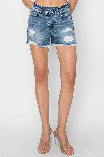 RISEN Stepped Waist Frayed Denim Shorts for Women
