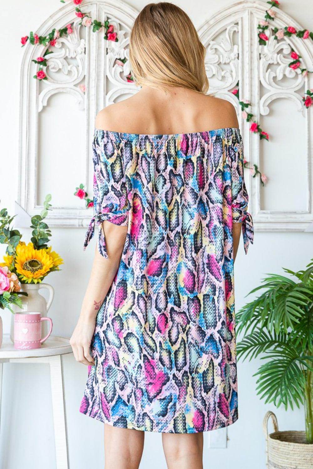 Heimish Full Size Off Shoulder Snake Mini Dress for Women