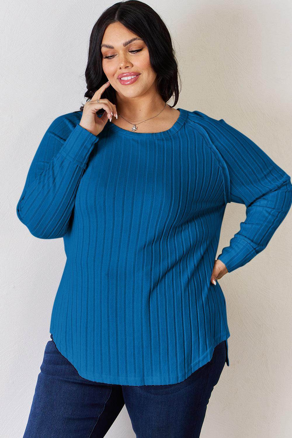Basic Bae Full Size Ribbed Round Neck Slit T-Shirt for Women