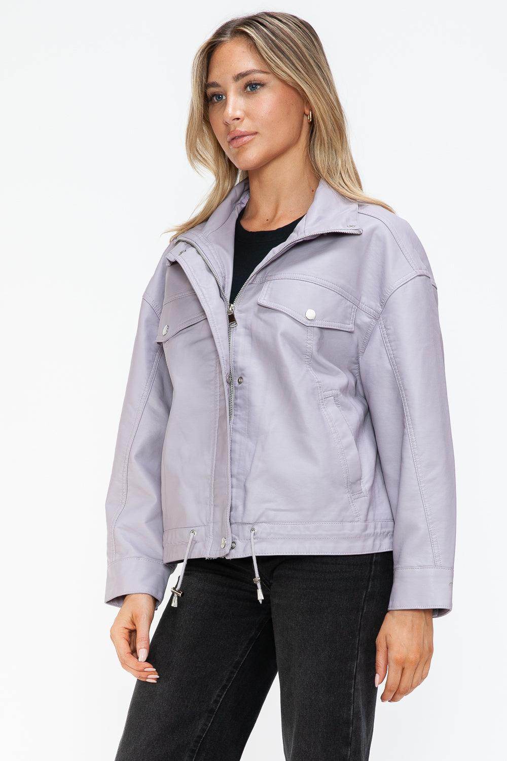 How Dare U Drawstring Hem PU Leather Zip Up Jacket Women
