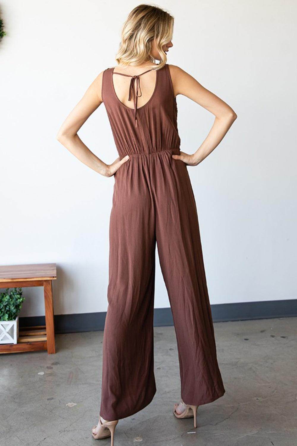 First Love Tie Back Sleeveless Slit Wide Leg Jumpsuit for Women