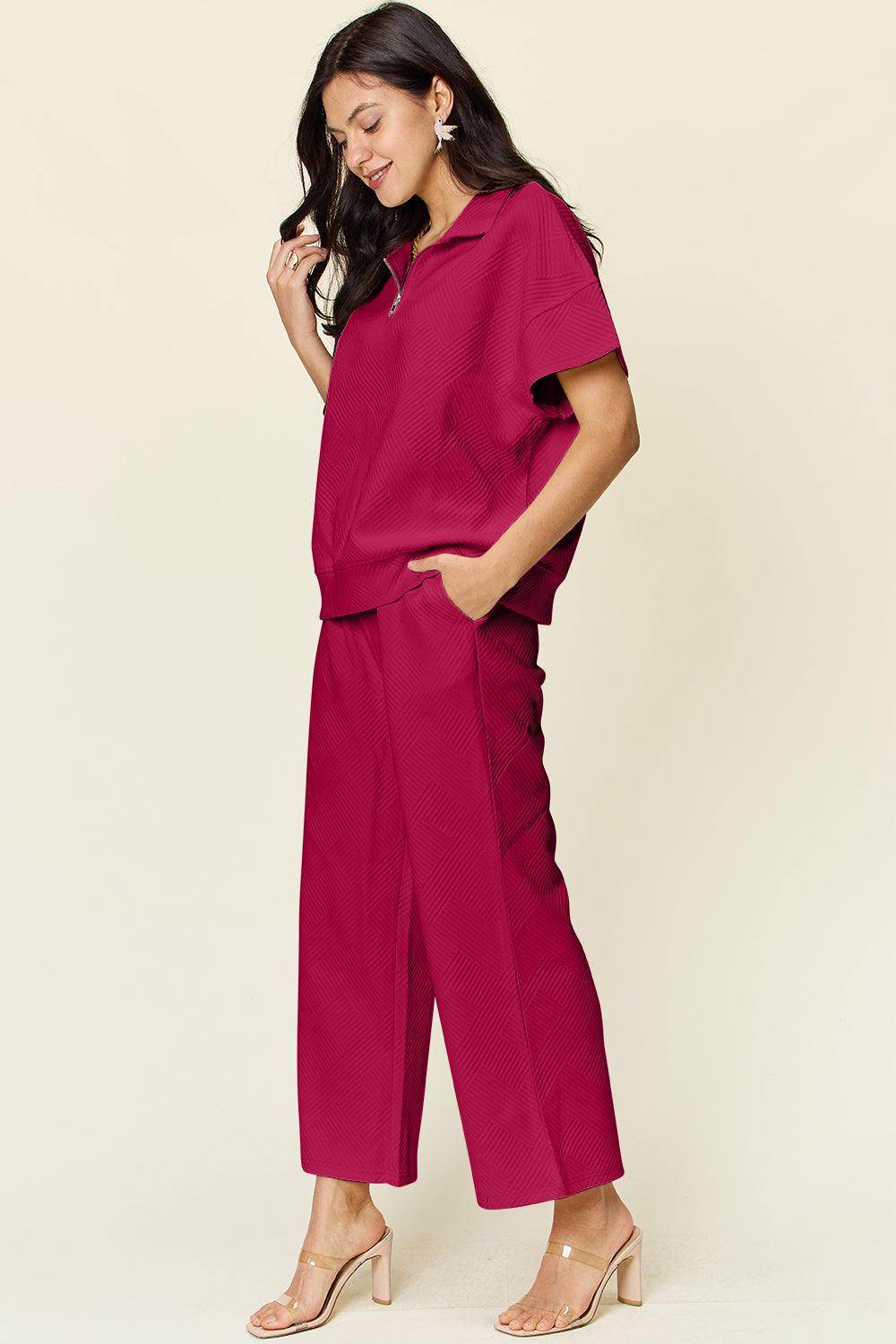 Double Take Full Size Texture Half Zip Short Sleeve Top Set