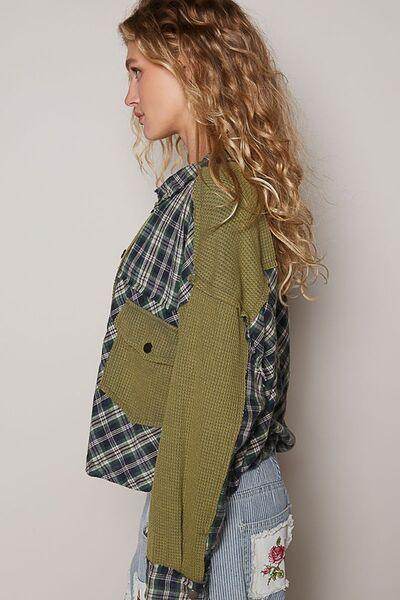 POL Plaid Button Down Shirt with Chest Pockets for Women