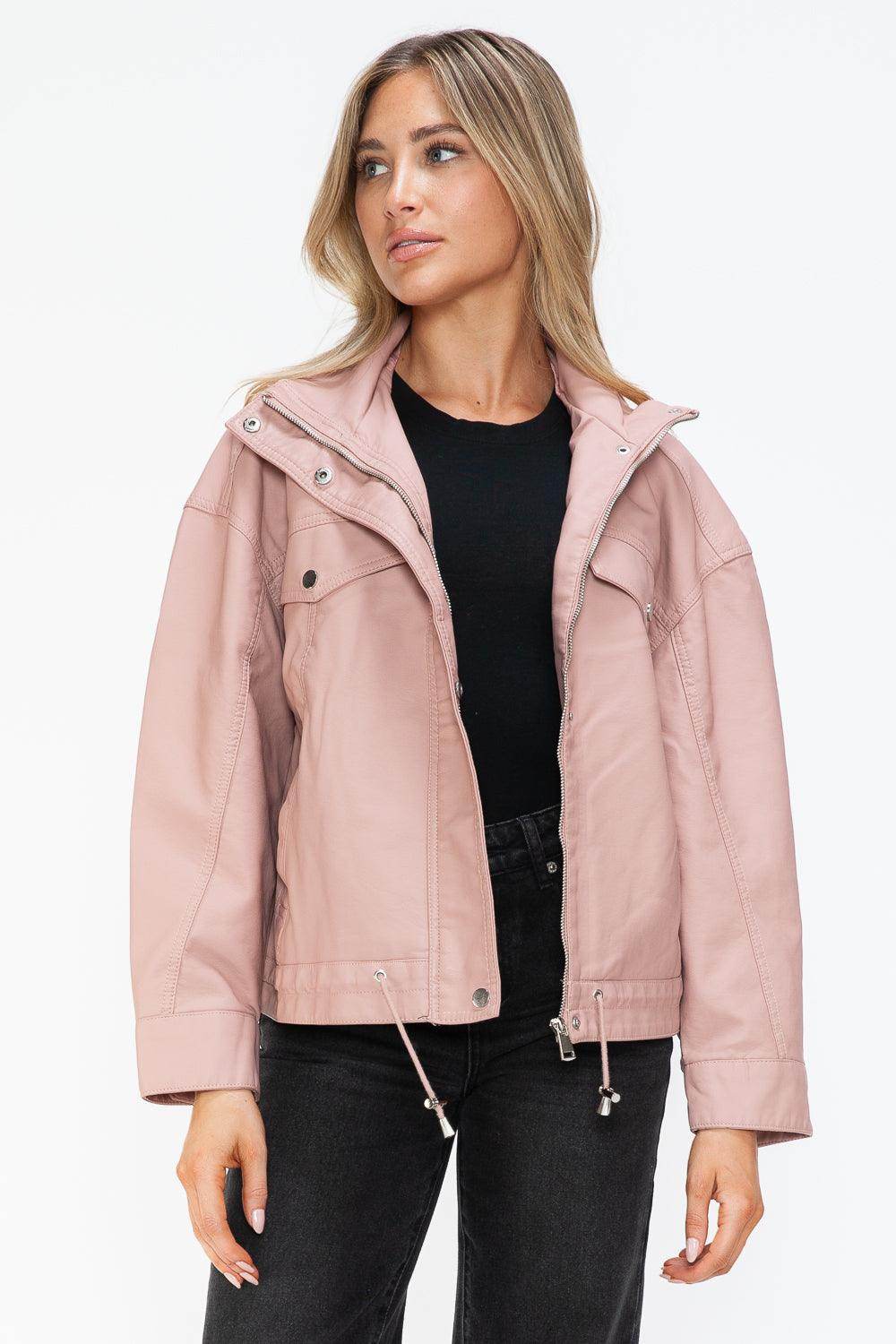 How Dare U Drawstring Hem PU Leather Zip Up Jacket for Women