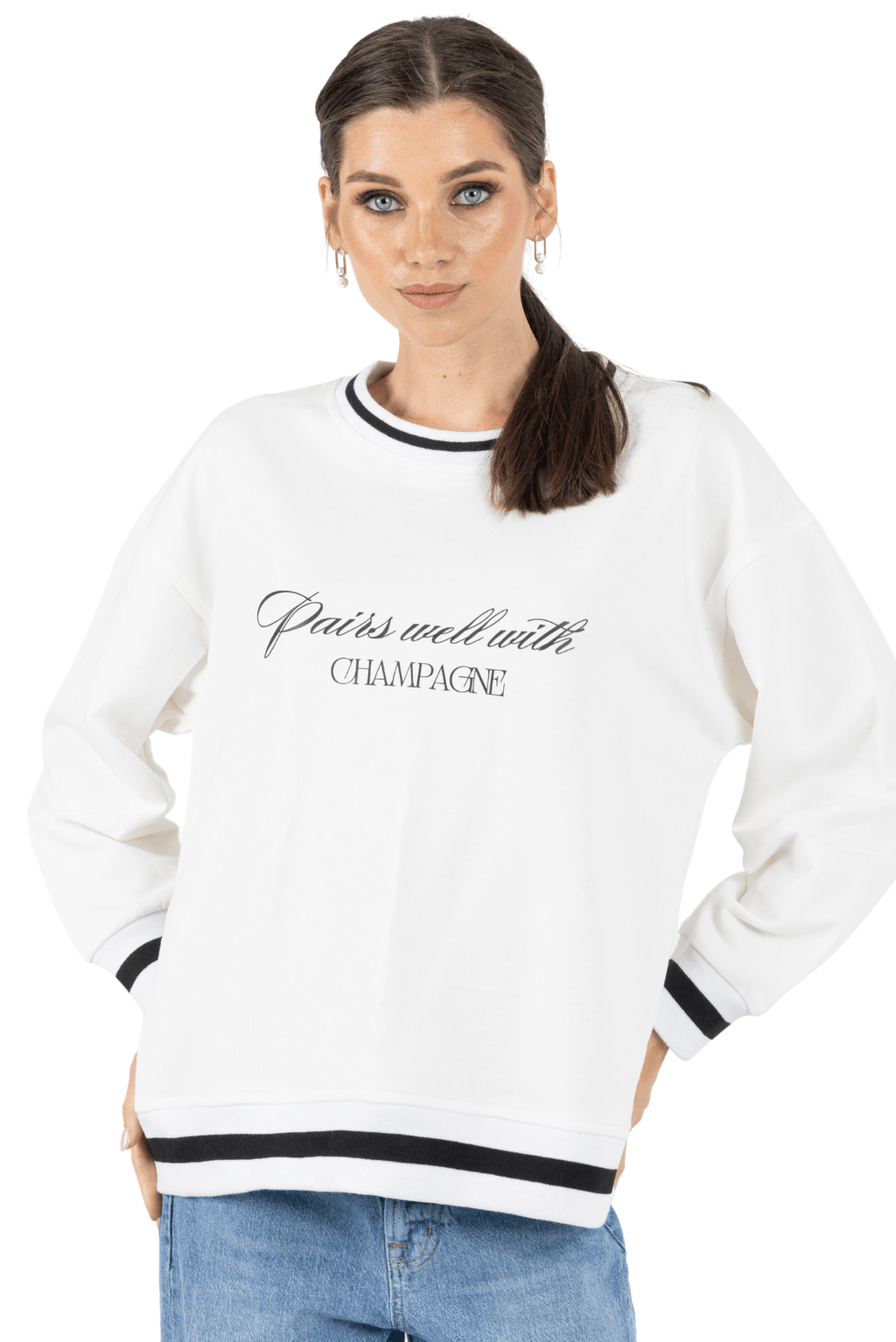 Bella Printed Round Neck Pullover Sweatshirt White