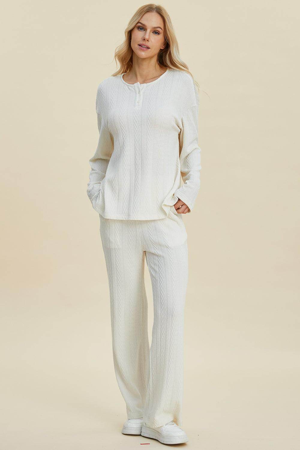Double Take Full Size Cable-Knit Long Sleeve Top Pants Set