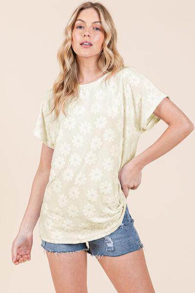 BOMBOM Textured Floral Pattern Short Sleeve T-Shirt for Women