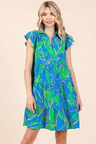 Mittoshop Leaf Print Ruffle Sleeve Tiered Mini Dress for Women