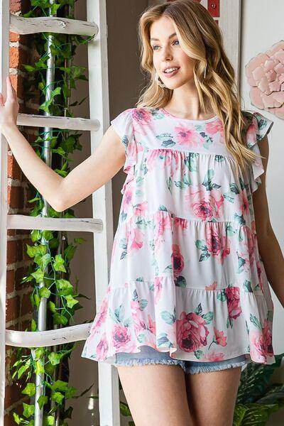 Heimish Full Size Butterfly Short Sleeve Floral Tiered Top