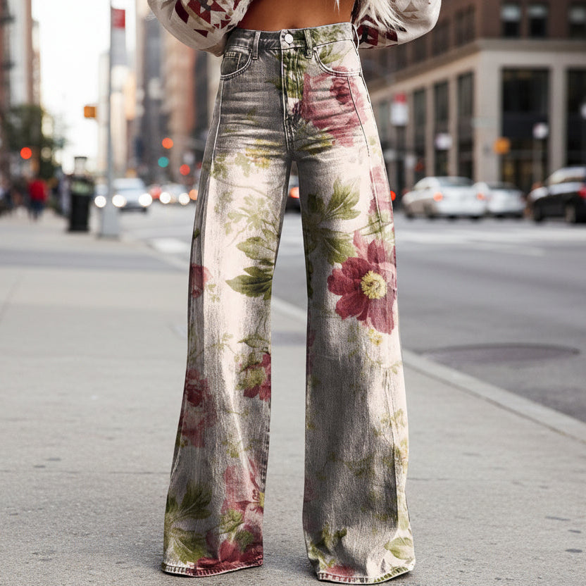 Women's Printed Flare Pants – Mid-Waist Full Length Plus Size